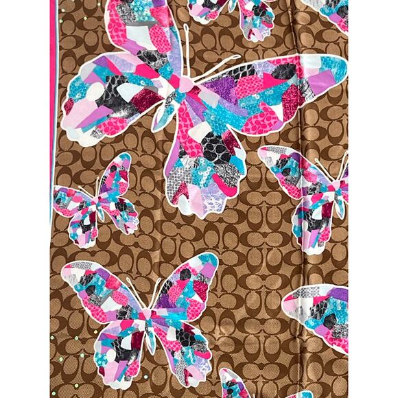 Coach Poppy Butterfly Print 100% Silk Square Scarf Brown / Pink - Picture 2 of 7